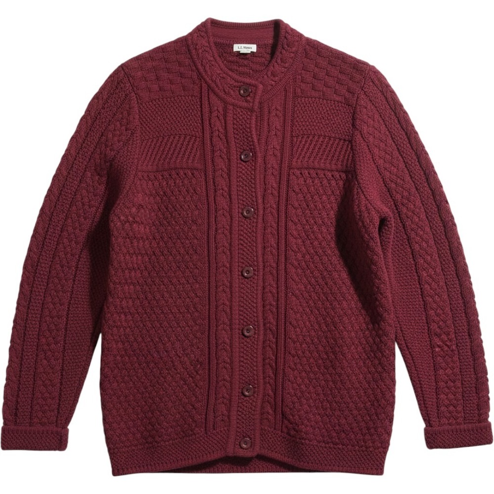 LL Bean‎ Womens Burgundy Red Cotton Cable Mixed Knit Cardigan Sweater L